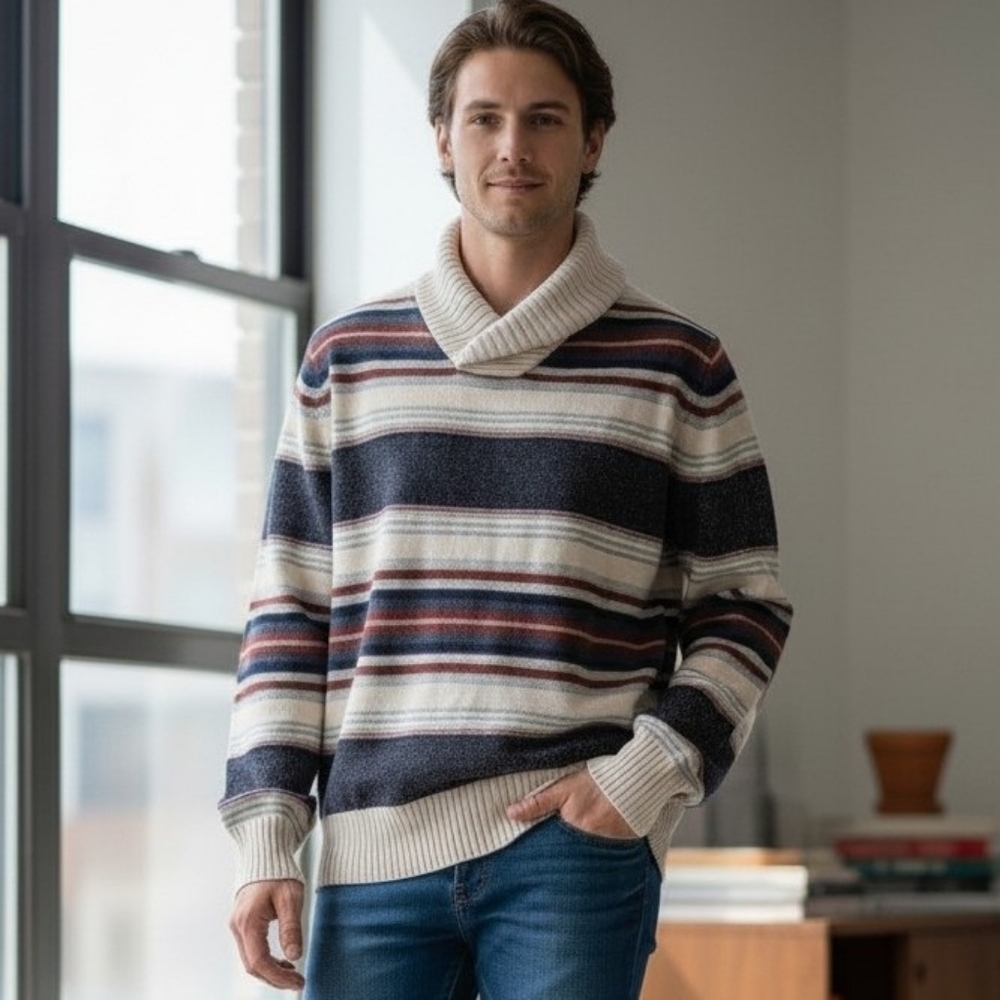 Men's Blanket Stripe Shawl-Collar V-neck Sweater Cotton Indie Retro Cozy Career